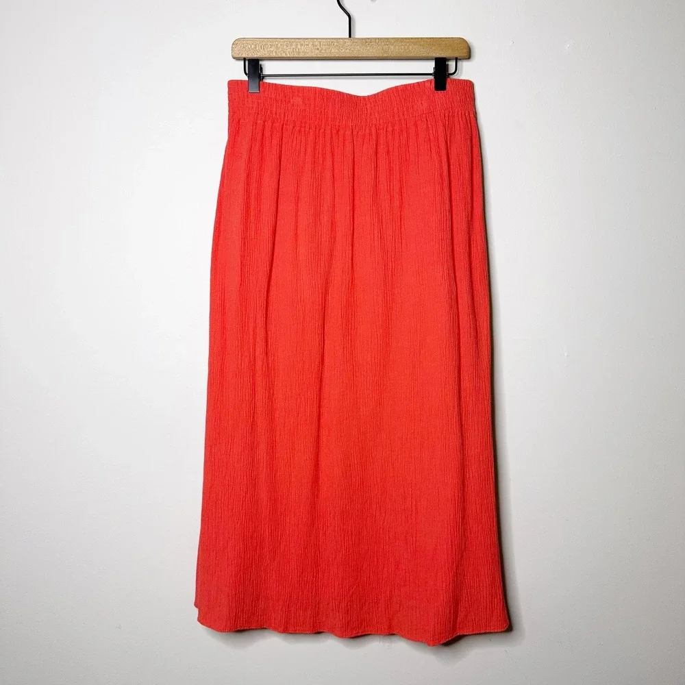 Madewell Button Front Smocked Midi Skirt Womens M Coral Orange NA234